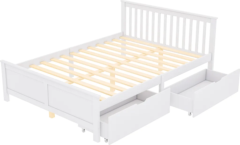 Merax Doppelbett 140x200cm Massivholzbett Mit Lattenrost Und 2 Schubladen, Klassisches Bett Jugendbett Gästebett, Weiß – Bild 7