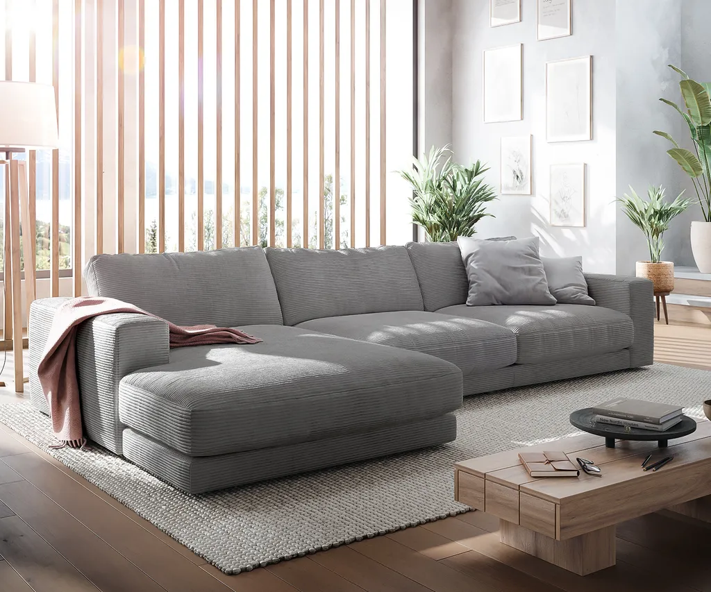 DELIFE Ecksofa Cubico 350x190 Cm Cord Silbergrau Recamiere Links