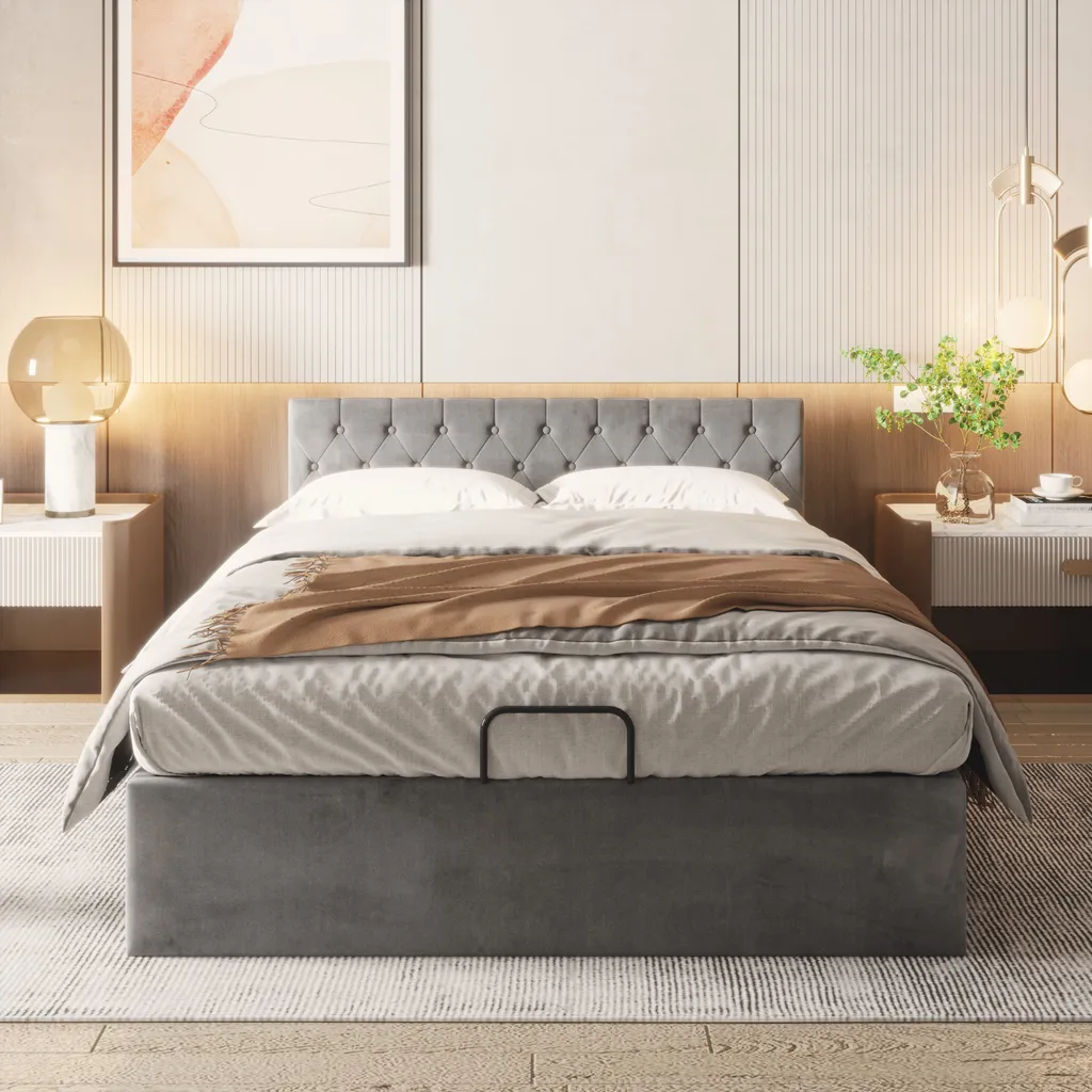 Merax Hydraulisches Boxspringbett 140x200cm Polsterbett Mit Lattenrost Und Stauraum, Stauraumbett Funktionsbett Doppelbett Aus Samt, Trennschichtlagerung Ohne Bodenplatte, Grau – Bild 3
