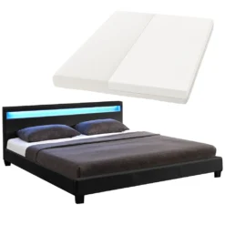 Juskys Polsterbett Paris 140 X 200 Cm Mit Matratze, Lattenrost, LED Beleuchtung & Kopfteil - Kunstleder & Holz - Bett Bettgestell Jugendbett - Schwarz
