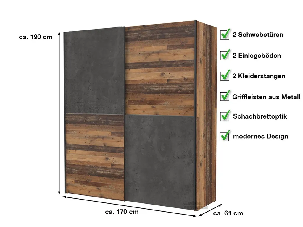 Schwebetürenschrank Kleiderschrank DEDERIK Old Wood - Grau 170 Cm - Die Möbelfundgrube – Bild 3