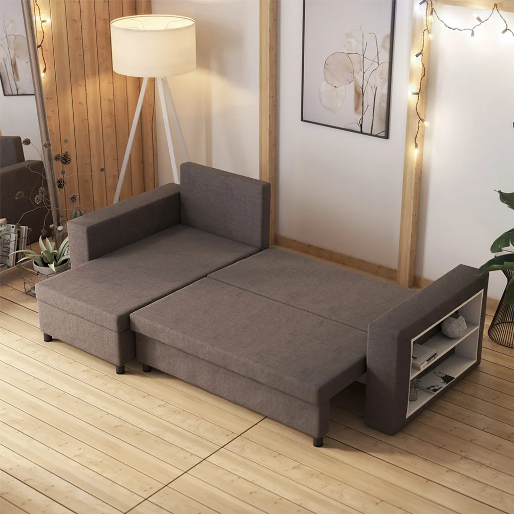 Selsey Ecksofa MERIEN - Schlafcouch In Dunkelgrau Mit Ottomane, Bettkasten Und Integriertem Regal, 230 Cm Breit – Bild 2