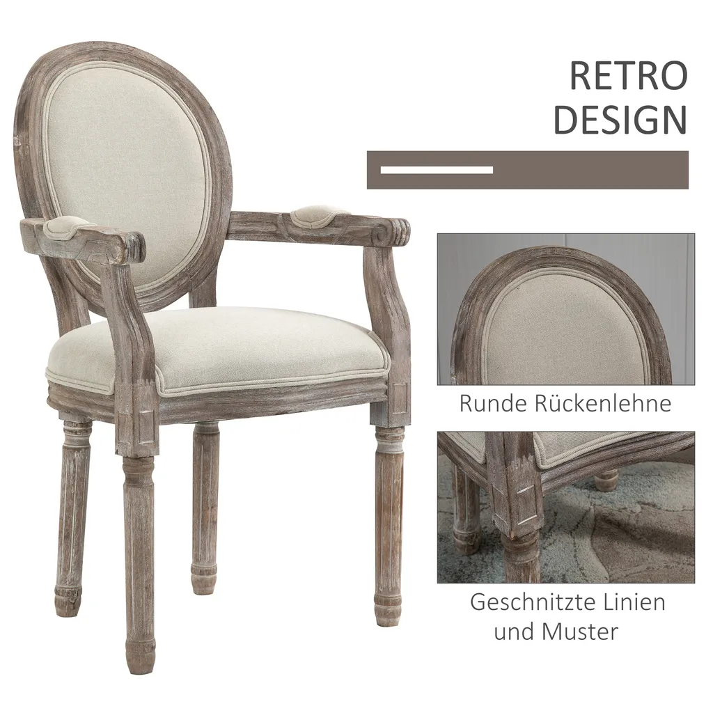 HOMCOM Esszimmerstuhl Retro-Design Küchenstuhl Mit Armlehnen Polsterstuhl Für Wohnzimmer Gummiholz Cremeweiß+ Helle Holzfarbe 56 X 55,5 X 96 Cm – Bild 4