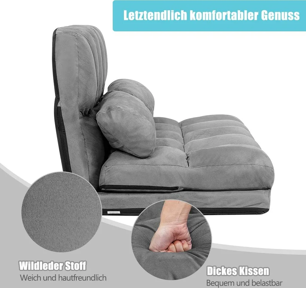 COSTWAY Schlafsofa Mit 2 Kissen, Sofabett Mit 6 Stufig Verstellbarer Rücklehne, Lazy Sofa Klappbar, Bodensofa Für Schlafzimmer, Wohnzimmer Und Balkon Grau – Bild 4