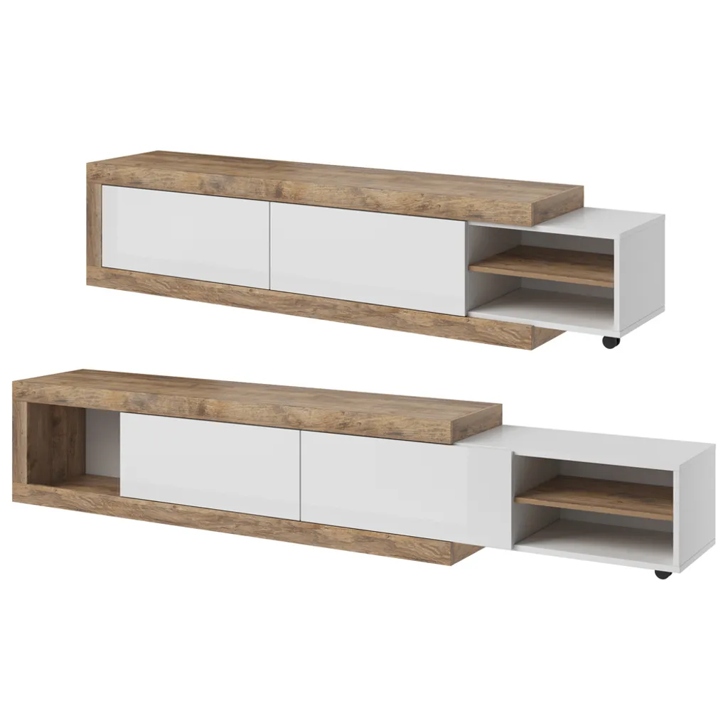 TV Lowboard Samdal Eiche Nb. SYLT-83, Ausziehbar Mit Absetzungen In Weiß Hochglanz, B/H/T: Ca. 200-241,5/43,4/40 Cm – Bild 3