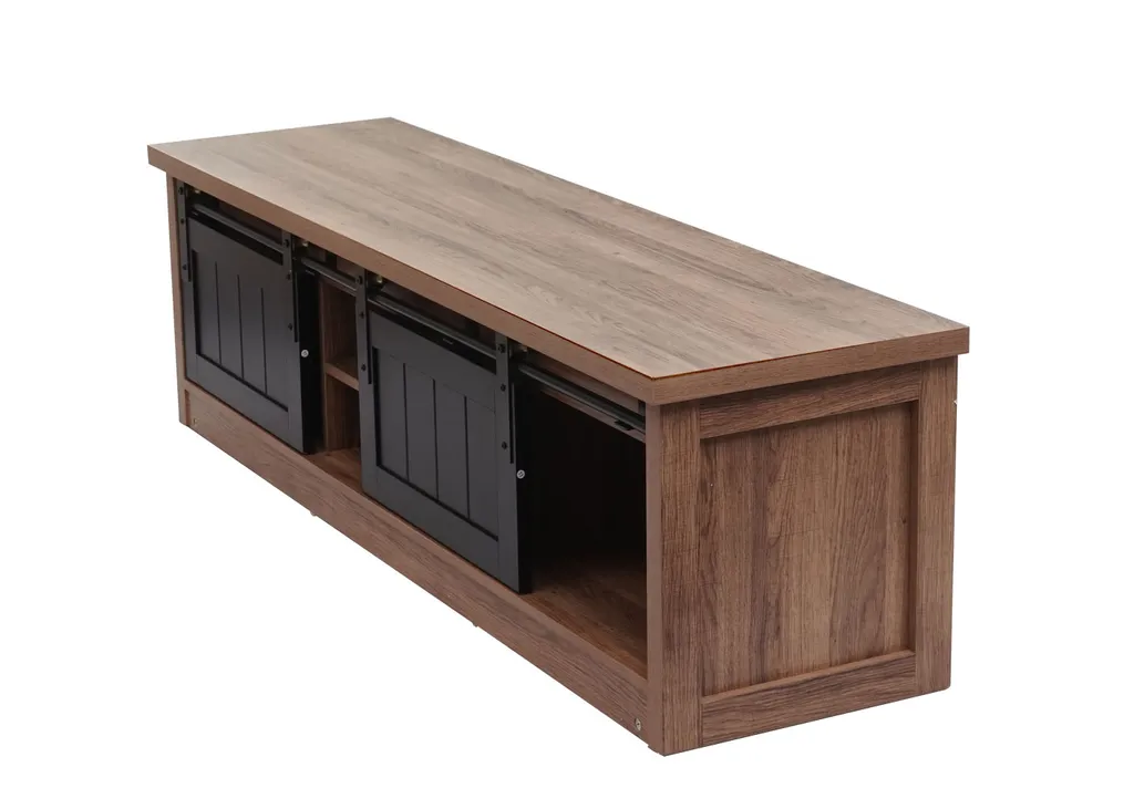 TV-Rack HWC-K75, Fernsehtisch TV-Board, Schiebetüren Staufächer, Holz-Optik Industrial Metall 43x150x40cm Braun – Bild 6