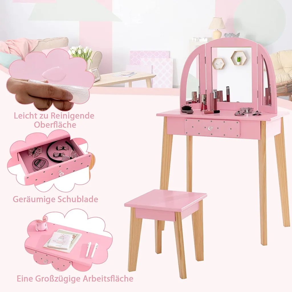 COSTWAY 2-in-1-Schminktischset Für Kinder, Kinderschminktisch Mit Hocker Aus Holz Für Kinder Mit Dreifach Klappbarem Spiegel & Schublade, Make-up Tischset Für Mädchen Von 3-7 Jahren (Rosa) – Bild 2