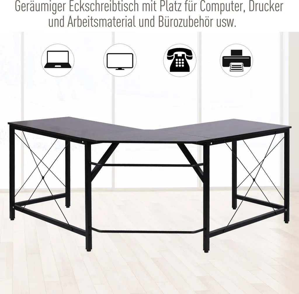 HOMCOM Computertisch Schreibtisch L-Form Eckschreibtisch Winkelschreibtisch MDF Schwarz 150 X 150 X 76 Cm – Bild 5