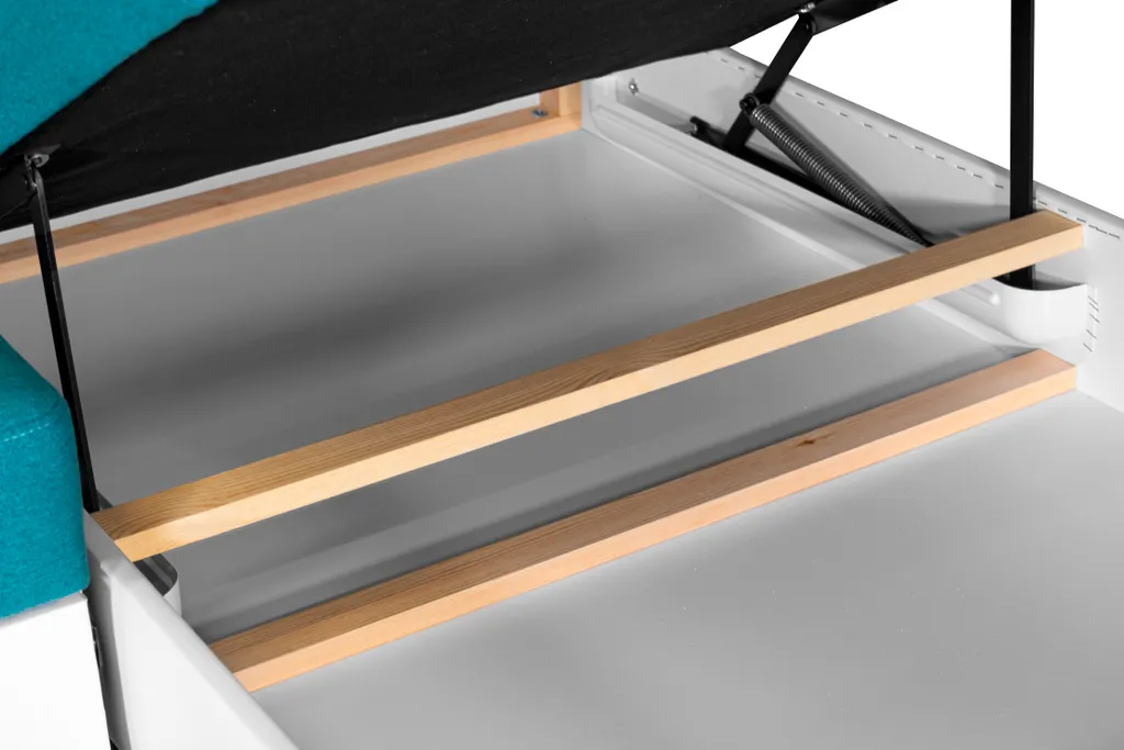 Ecksofa Aller L-form Mit Schlaffunktion Und Bettkasten, Türkis Und Weißes Kunstleder, Links Ottomane. – Bild 6