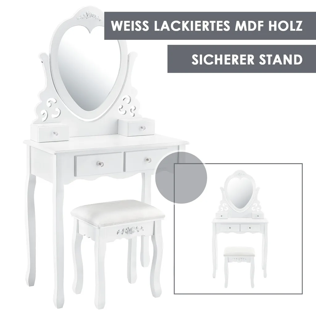 Juskys Schminktisch Julia Mit Spiegel, Hocker & 4 Schubladen, 74 X 40 X 138 Cm, Weiß, Landhausstil, MDF Holz, Kosmetiktisch Frisiertisch Kommode – Bild 3
