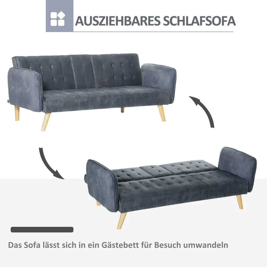 HOMCOM 2-1 Design Schlafsofa Klappsofa 3-Sitzer Stoffsofa Chaiselongue Bettsofa Sofagarnitur Verstellbarer Winkel Dunkelgrau 183 X 87 X 75 Cm – Bild 4