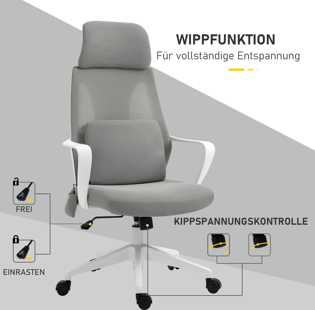 Vinsetto Massagesessel Chefsessel Mit Massagefunktion Höhenverstellbarer Drehstuhl Ergonomischer Gamingstuhl Bürostuhl Massage Nylon Grau 62 X 60 X 114-122 Cm – Bild 4