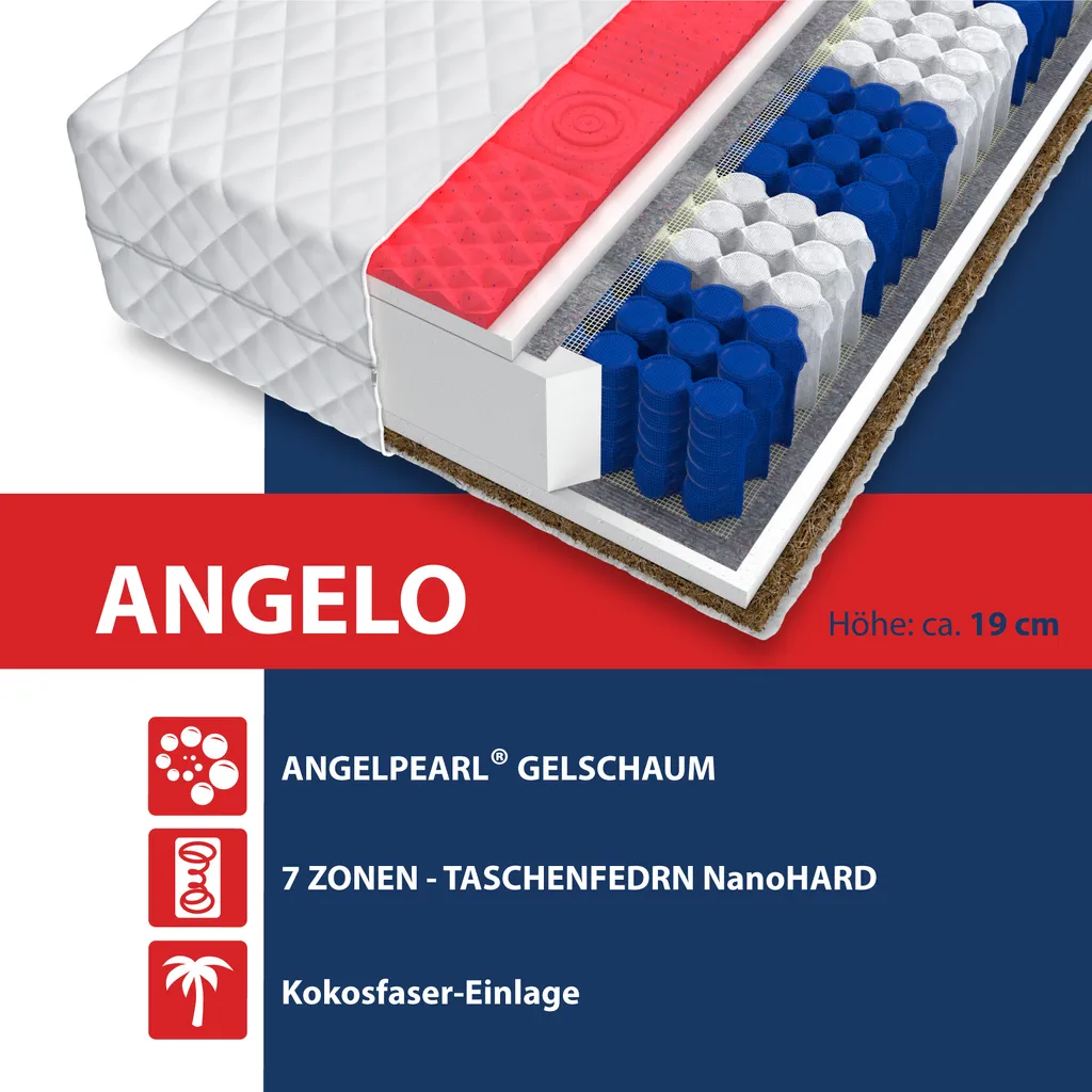 Matratze 180x200 Cm ANGELO 7 Zonen H3 H4 Taschenfederkern Kokos Gelschaum Angelpearl Höhe Ca. 19 Cm Waschbaren Bezug Matratzenbezug Premium Jersey – Bild 4