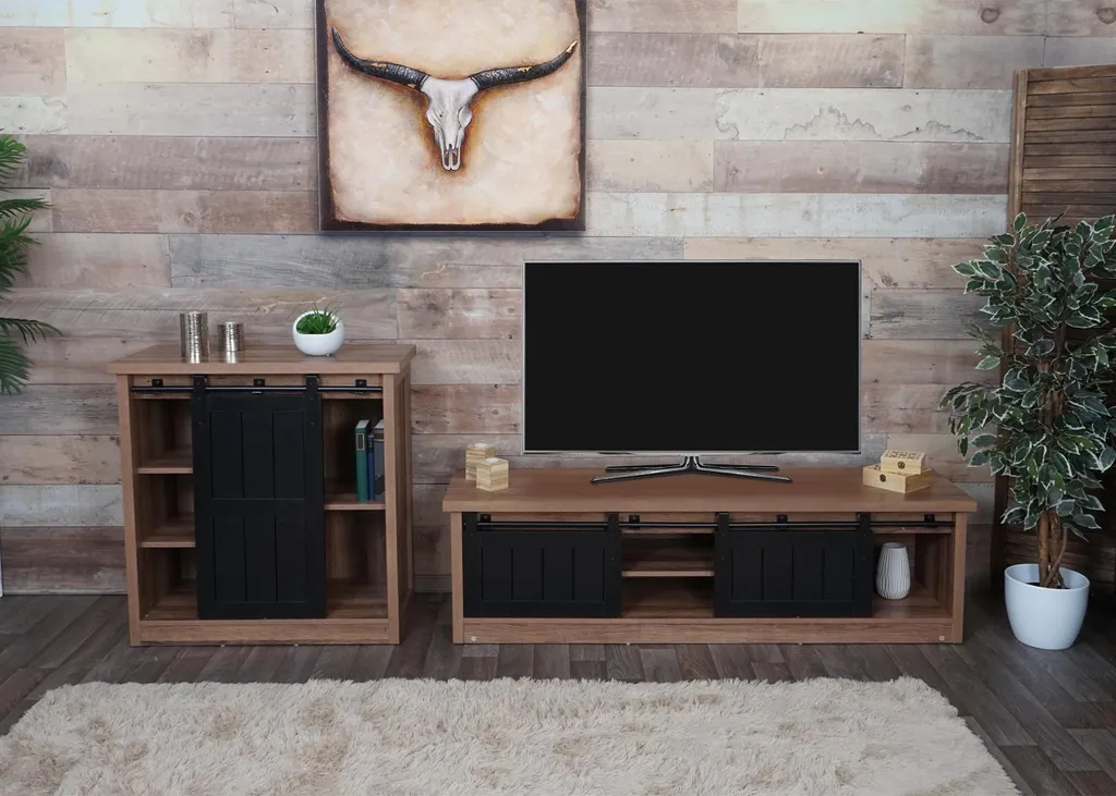 TV-Rack HWC-K75, Fernsehtisch TV-Board, Schiebetüren Staufächer, Holz-Optik Industrial Metall 43x150x40cm Braun – Bild 16
