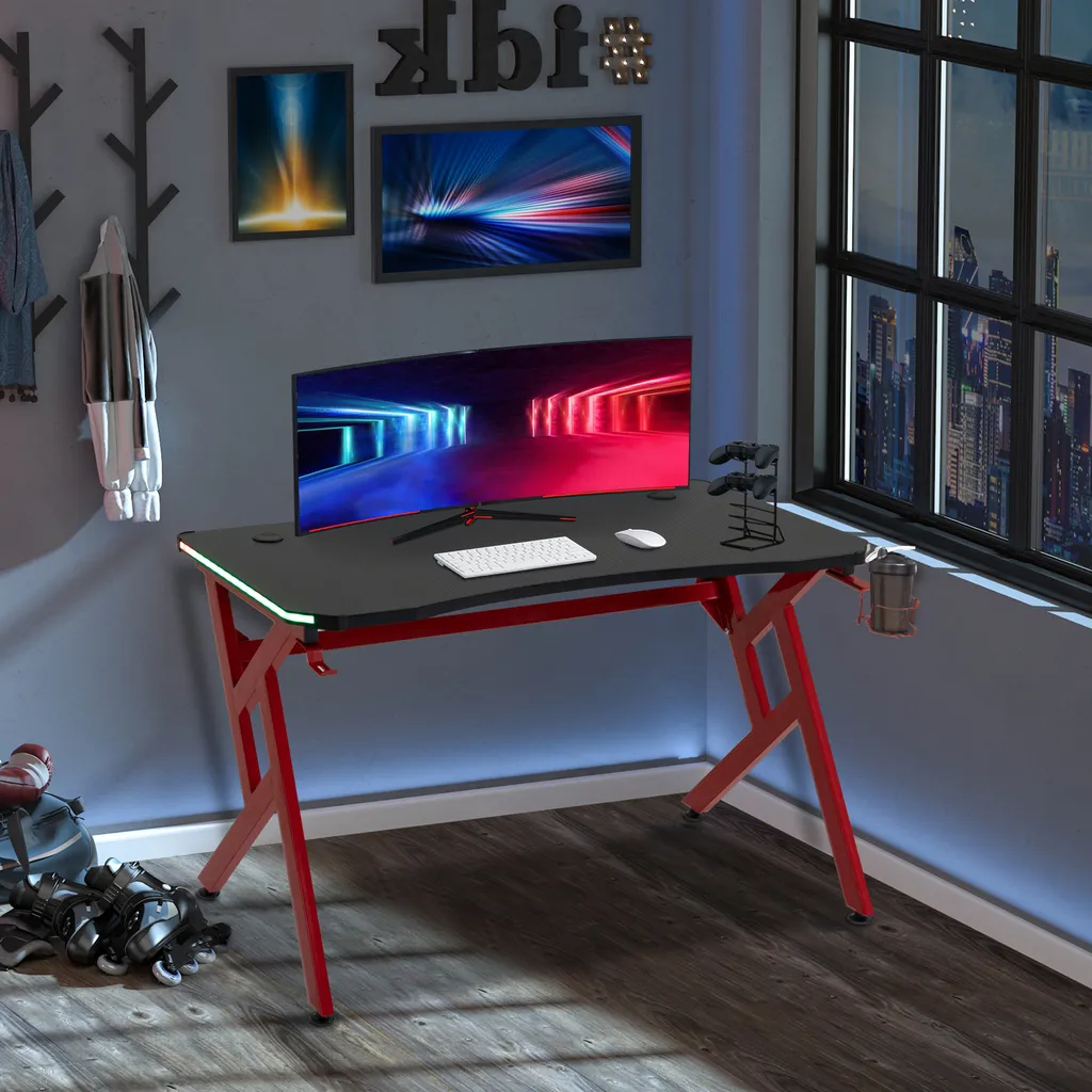 HOMCOM Gaming Tisch RGB-Lichter Schreibtisch R-förmiger 4 Verstellbare Fußstützen Computertisch Arbeitstisch Spanplatte Metall Schwarz+Rot 120 X 60 X 74,5 Cm – Bild 2