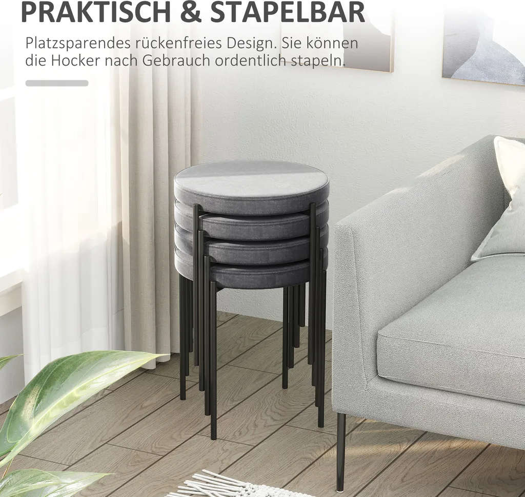 HOMCOM 4er-Set Esszimmerhocker Stapelhocker Küchenhocker Barhocker Velvet-Touch Modern Küche Esszimmer Polyester Stahl Grau 41,5 X 41,5 X 46 Cm – Bild 6