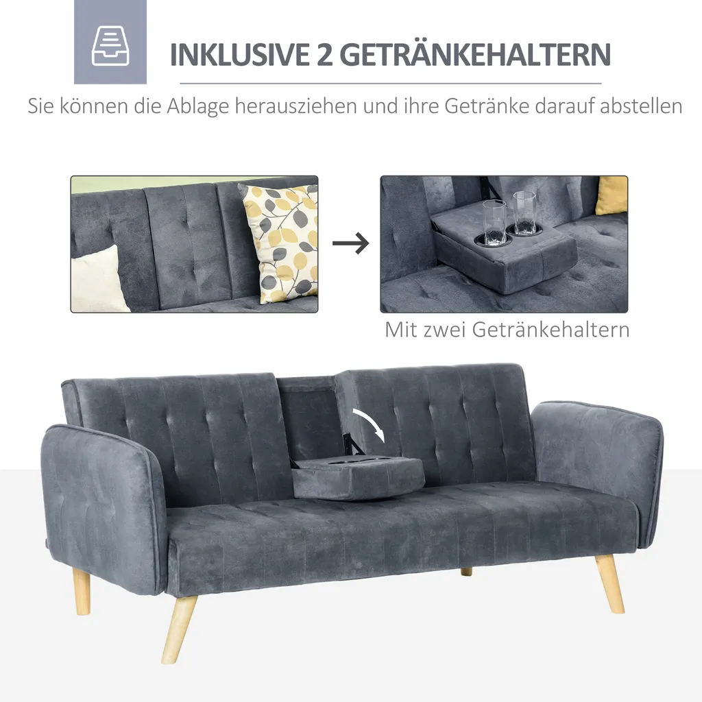 HOMCOM 2-1 Design Schlafsofa Klappsofa 3-Sitzer Stoffsofa Chaiselongue Bettsofa Sofagarnitur Verstellbarer Winkel Dunkelgrau 183 X 87 X 75 Cm – Bild 5