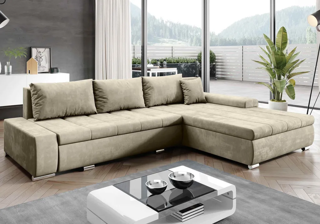 FURNIX Ecksofa TOMMASO Sofa Mit Schlaffunktion Bettkasten Und Kissen Couch Pflegeleichter Stoff GOLD BEIGE L-Form MH 04