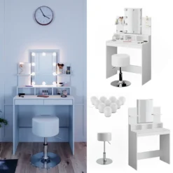 Vicco Schminktisch Frisiertisch Schminkkommode Ania Weiß LED Beleuchtung Hocker