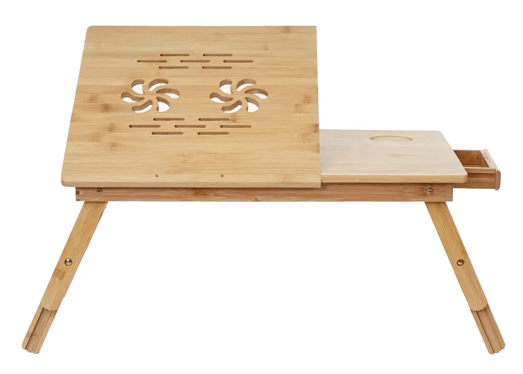 Laptoptisch HWC-B81, Notebooktisch Betttisch Klapptisch Mit Lüftungslöcher Faltbar Höhenverstellbar, Bambus – Bild 2