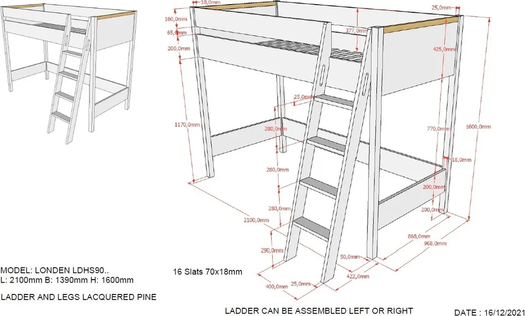 Vipack - LONDON Hochbett Mit Liegefläche 90 X 200 Cm, Inkl. Lattenrost, Ausf.Nachbildung Anthrazit, Absatz Buche Natur Massiv – Bild 5