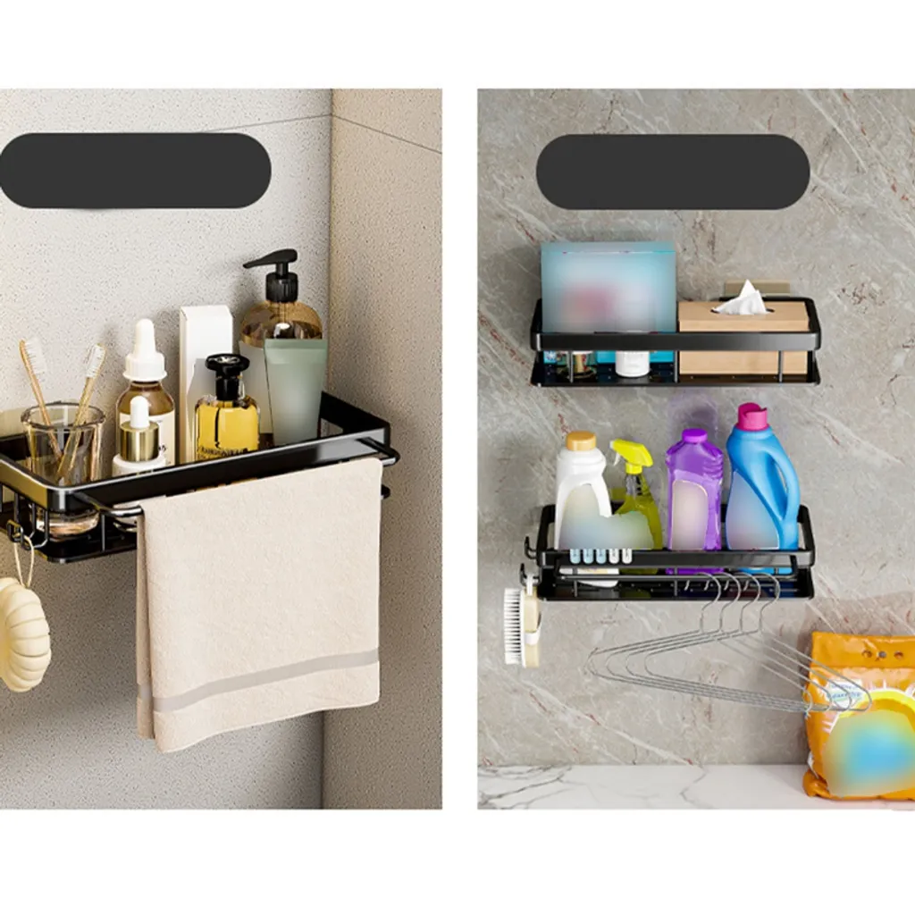 Küchenregal, Gewürzregal, Waschbecken Schwamm Abtropfkorb, Handtuchhalter Mit Haken, Schwarz Wandregale – Bild 5