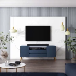 Selsey TV-Lowboard TARVISIO - TV-Schrank In Dunkelblau / Gold Mit LED-Beleuchtung, Stehend, 137 Cm Breit