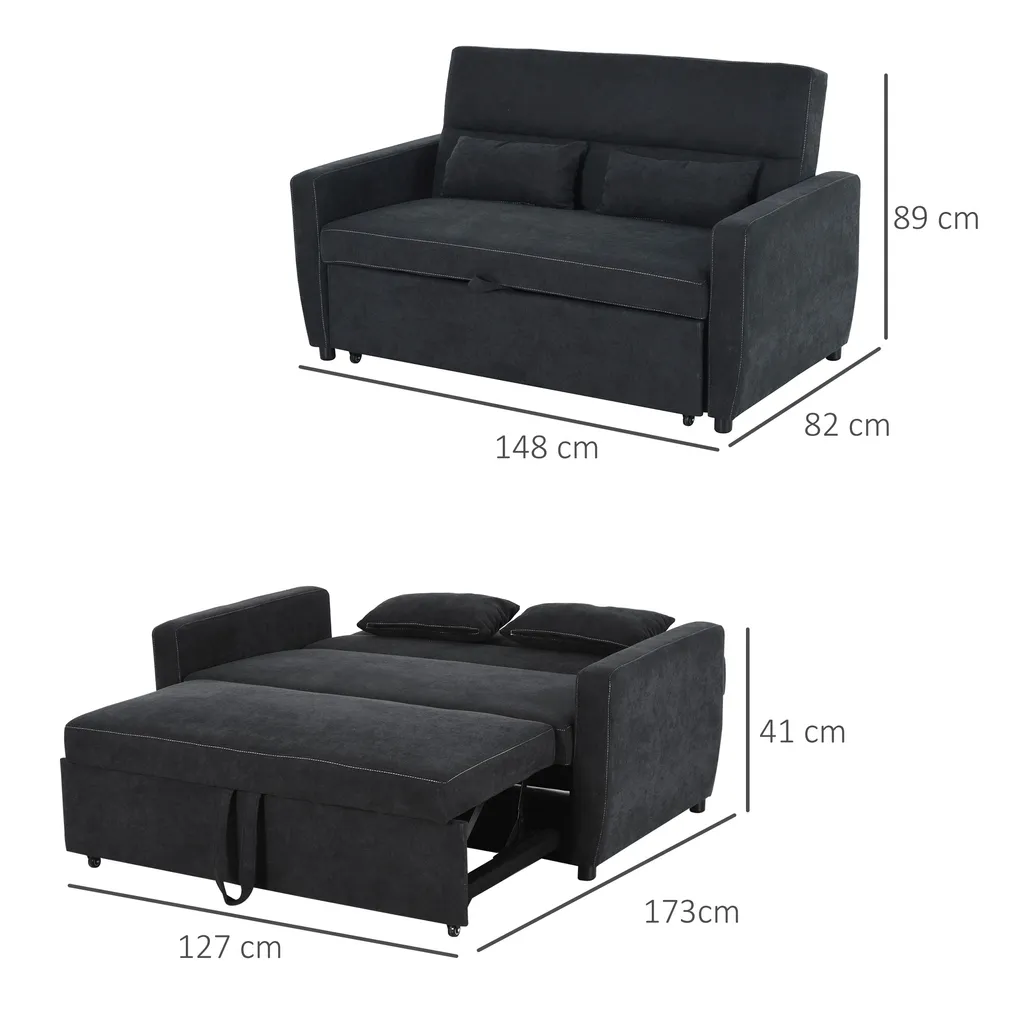 HOMCOM Schlafsofa, Klappsofa, 2-Sitzer Stoffsofa, Bettsofa, Sofa Mit Schlaffunktion, Sofagarnitur, Verstellbarer Winkel, Schwarz, 148 X 82 X 89 Cm – Bild 3