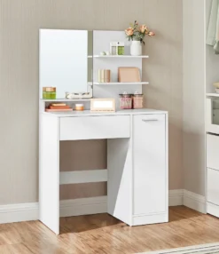 VASAGLE Schminktisch Mit Spiegel, Schminkkommode, Frisiertisch, , Aufbewahrungsfach, 1 Schublade, 2 Ablagen, Weiß RDT119W01