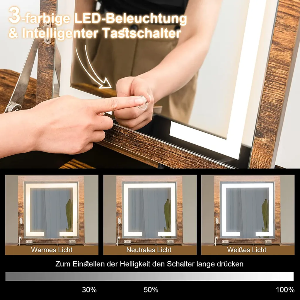 COSTWAY Schminktisch Mit Verstellbarer LED Beleuchtung, USB-Anschluss Und Klappspiegel, Frisiertisch Mit 6 Ablagefächern & Gepolstertem Hocker, Kosmetiktisch, Industrie-Design, Vintagebraun – Bild 2
