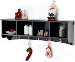 COSTWAY Wandschrank Hängeregal Wandmontierter Mit 4 Aufbewahrungseinheiten & 5 Doppelhaken Für Bad Wohnzimmer Küche Schwarz