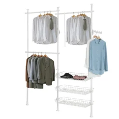 SoBuy FRG34-W Regalsystem Mit 3 Kleiderstangen Und 3 Körben Teleskop Garderoben System Verstellbares Ordnungssystem
