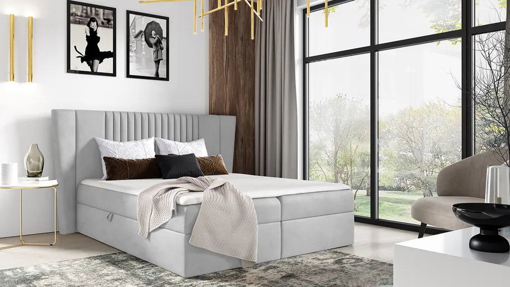 MKS MEBLE Boxspringbett - Doppelbett Mit Multipocket-Matratze - Polsterbett Mit Kopfstütze - Deko Bed Sedico 180 X 200 Cm - H4 Hellgrau