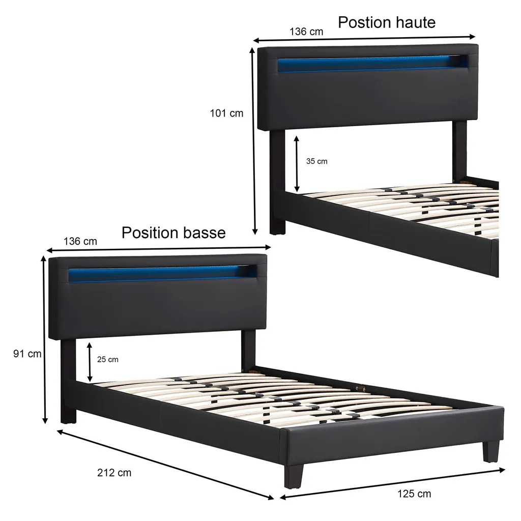 Polsterbett CARIBO 120x200 Cm, Bett Mit Kunstleder In Schwarz Und LED Beleuchtung, Verschiedene Farben, Kunstleder, Modern, Skandinavisch, Bequemes Gepolstertes Bett – Bild 7