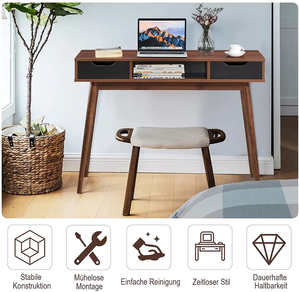 COSTWAY Computertisch Mit 2 Schubladen & Offenem Ablagefach, Moderner Schreibtisch 110 Cm, Bürotisch Aus Massivholz, PC-Arbeitsplatz Konsolentisch, Für Arbeitszimmer & Büro & Wohnzimmer, Braun – Bild 3