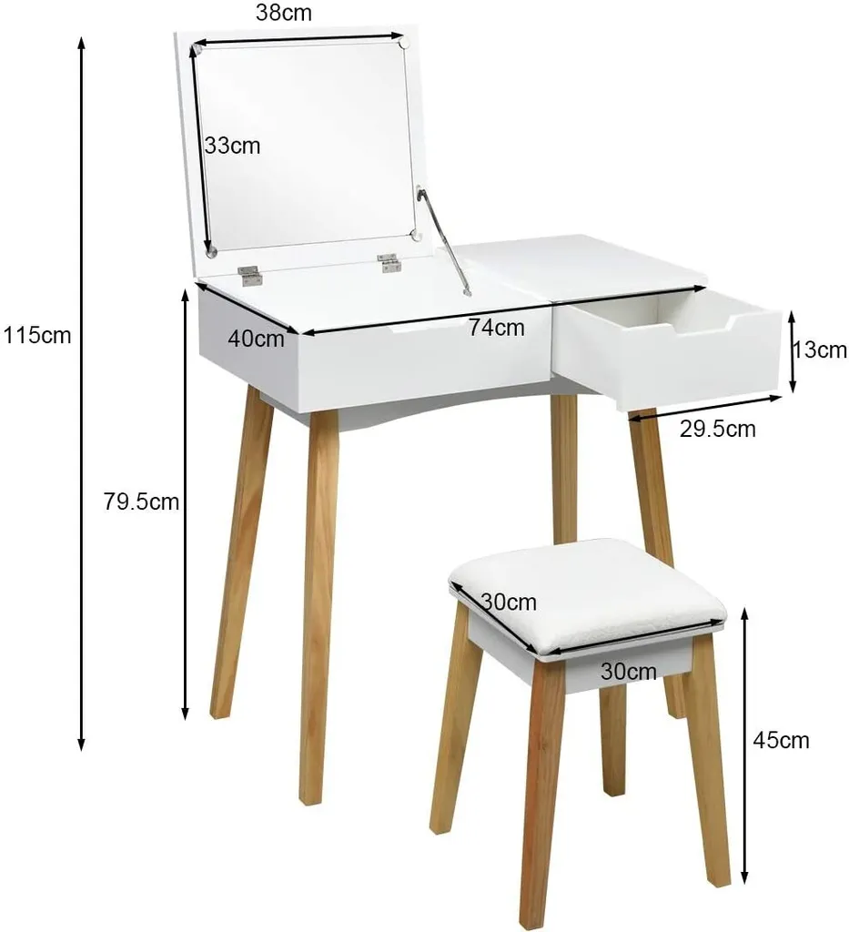 GOPLUS Schminktisch Mit Aufklappbarem Spiegel, Kosmetiktisch Mit Schublade, Inkl. Gepolstertem Hocker, Tisch-Set Mit Massivholzbeine, Für M?dchen & Damen, Wei?, 70 X 40 X 115cm – Bild 3