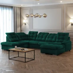 Selsey JAMAAL U - Schlafsofa In U-Form Dunkelgrün, Ottomane Rechts, Mit Regulierbarer Rückenlehne, Bettkasten 330 Cm