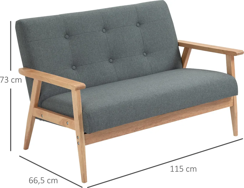 HOMCOM Doppelsofa Polsterung Loveseat Kompaktes Design Zweisitzer Stoffsofa 2 Sitzer Sofa Leinen Gummiholz Grau 115 X 66,5 X 73 Cm – Bild 3