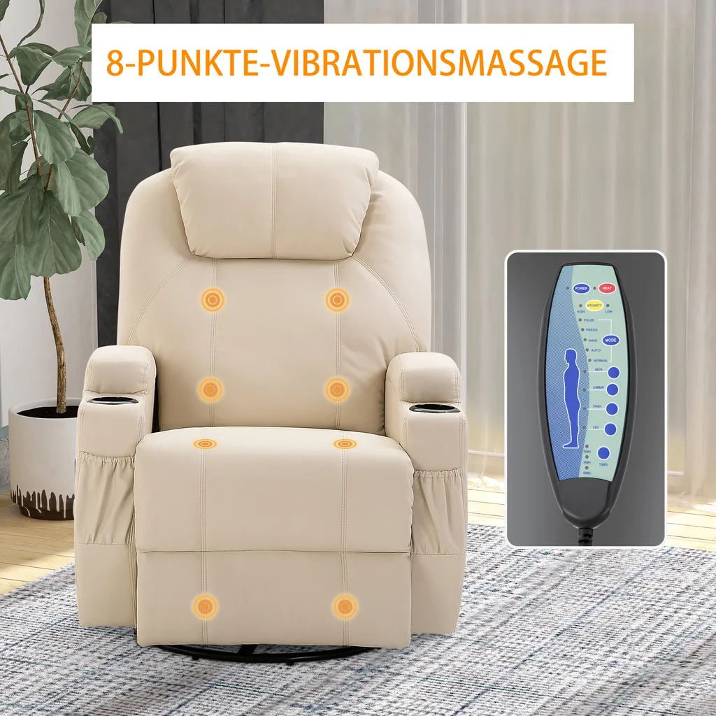HOMCOM Massagesessel Relaxsessel Fernsehsessel Massagefunktion 5 Massage-Modi Liegefunktion Kunstleder Holz Metall Schaumstoff Cremeweiß 84 X 92 X 109 Cm – Bild 7