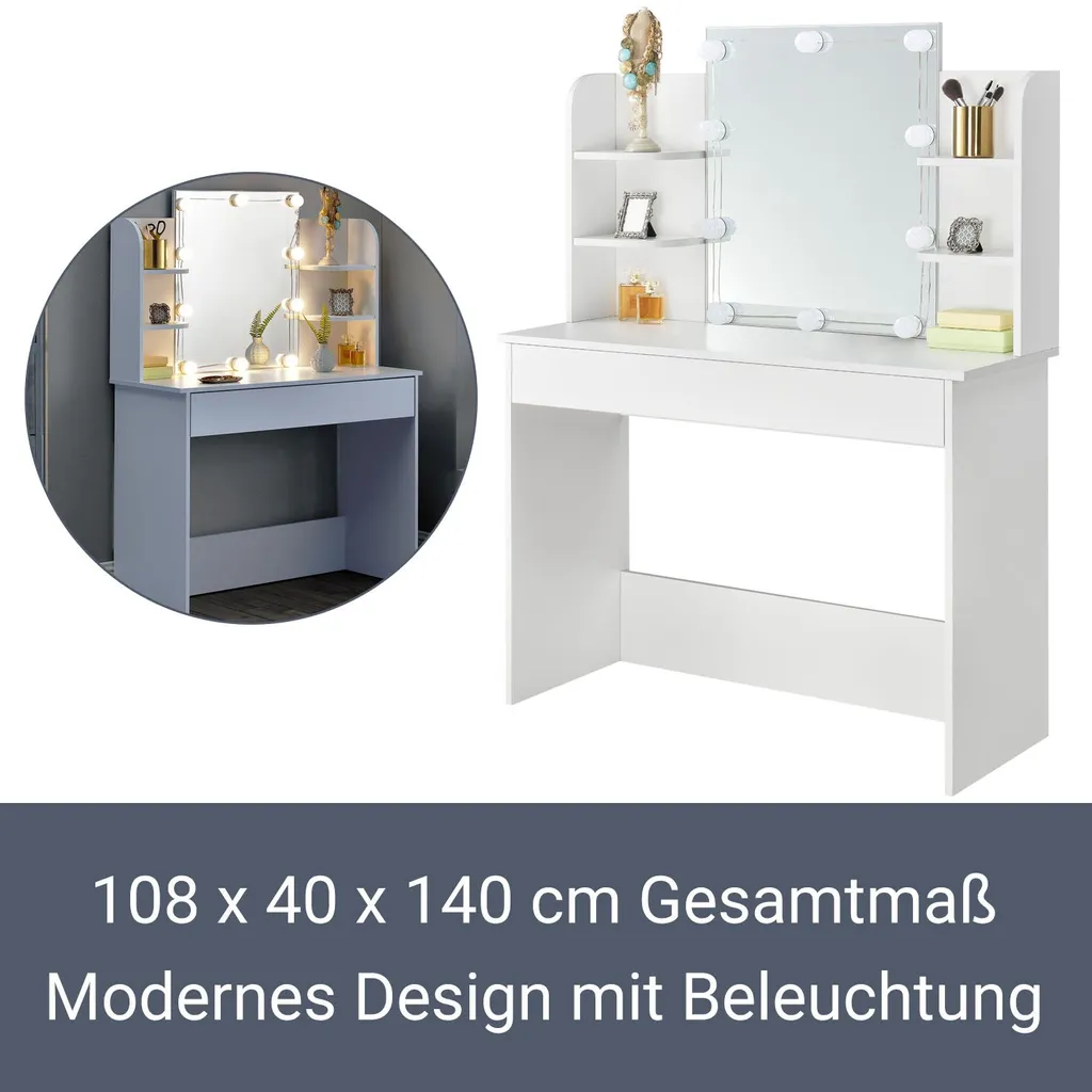 Juskys Schminktisch Bella Mit LED Beleuchtung, Spiegel, Schublade & 4 Ablagefächern - 108 X 40 X 140 Cm - Holz - Weiß - Kosmetiktisch Frisiertisch – Bild 3