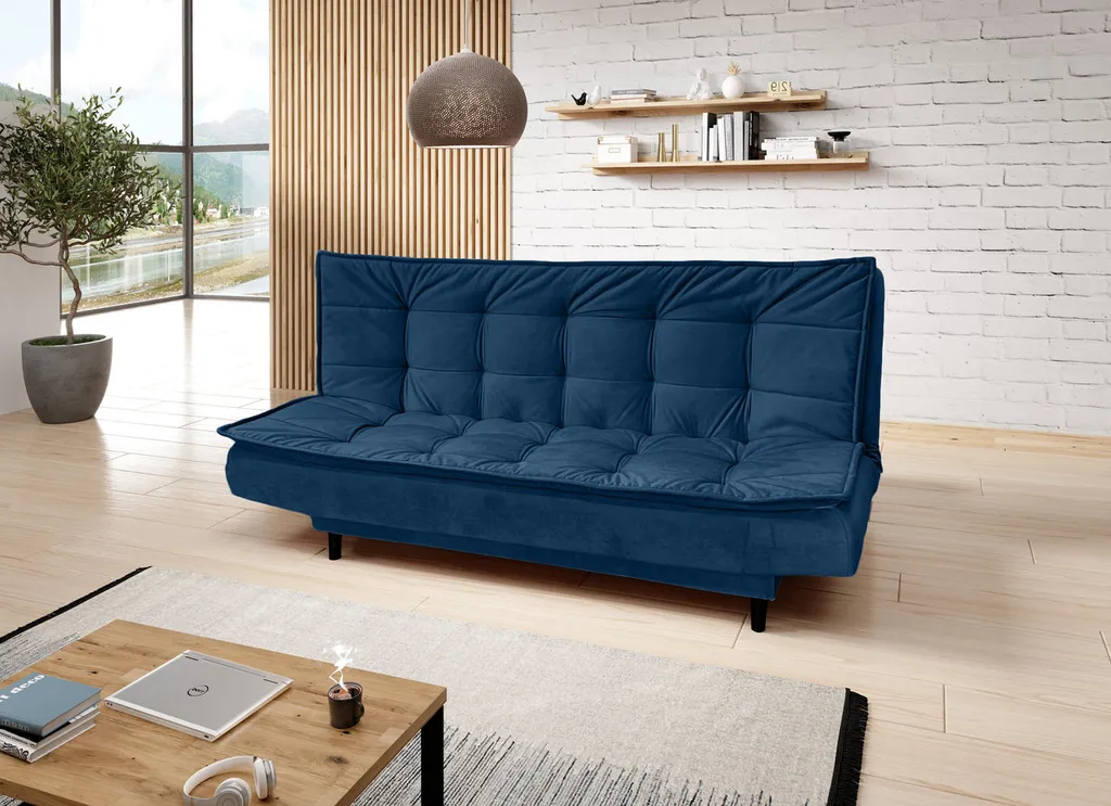 GRAINGOLD Schlafsofa Grace - Ausklappbares Sofa - Couch Mit Bettkasten, Samtstoff - Dunkelblau (Monolith 77)