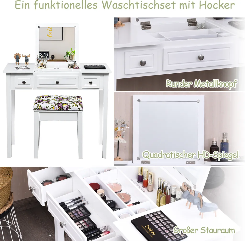 COSTWAY Schminktisch Frisiertisch Set Mit Klappspiegel Und 3 Schubladen, Frisierkommode Kosmetiktisch Mit Gepolstertem Hocker, Waschtisc Make Up Tisch, Weiß – Bild 3