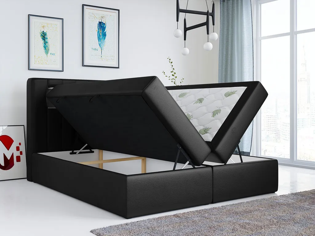 Boxspringbett Mit LED - Polsterbett Doppelbett Mit Bettkasten Stauraumbett - GOLD5 - Schwarz Kunstleder 180 X 200 – Bild 3