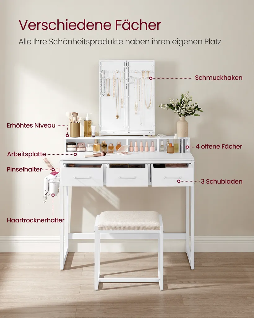 VASAGLE Schminktisch Mit Gepolstertem Hocker, Frisiertisch Mit Dreifachem Spiegel, 3 Schubladen, Haartrocknerhalter, Kosmetiktisch, Moderner Stil, Weiß RVT004W14 – Bild 3
