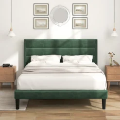 Merax Polsterbett 140x200cm Samtstoff Doppelbett Mit Lattenrost Und Kopfteil, Dunkelgrün