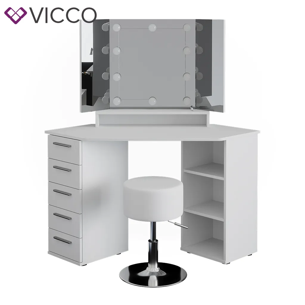 Vicco Eckschminktisch + LED + Hocker Sofia Weiß 128,4x 42,3x50,8cm Holzwerkstoff – Bild 2