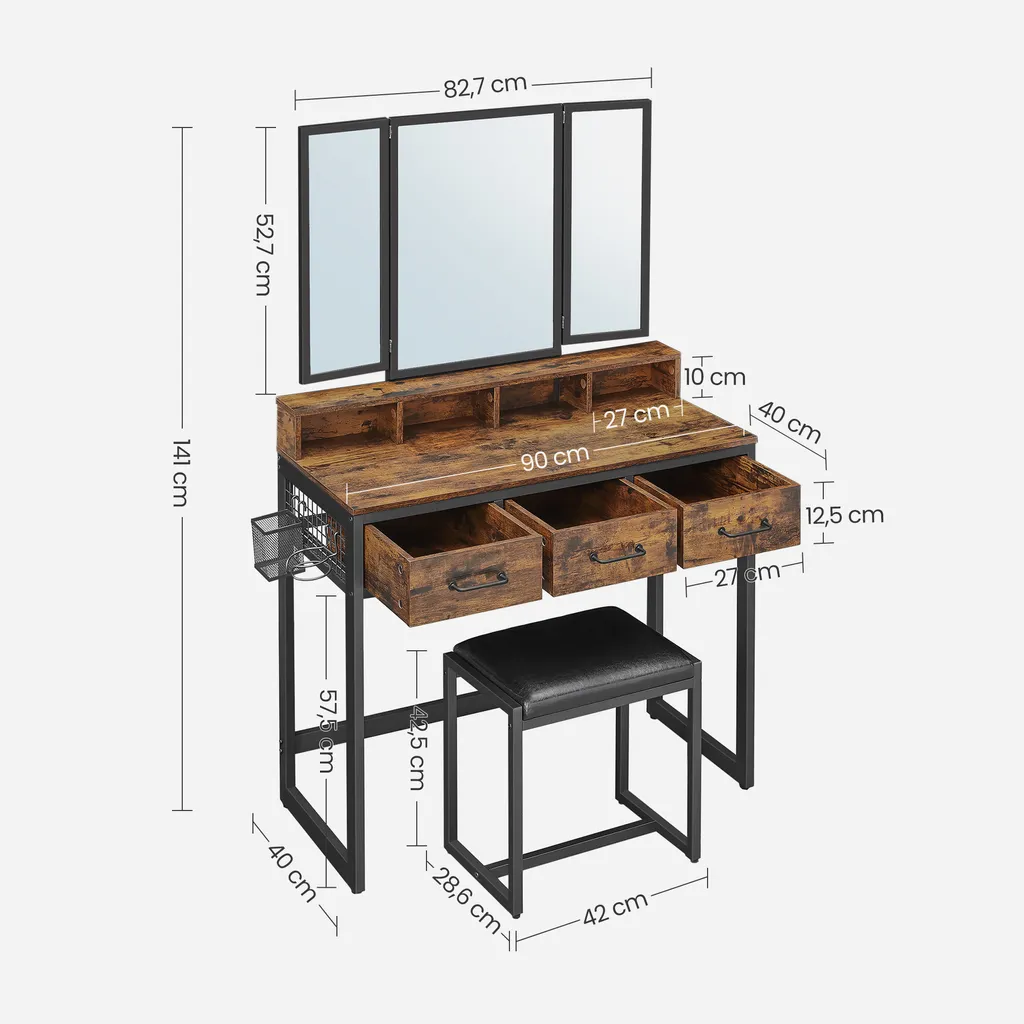 VASAGLE Schminktisch, Frisiertisch Mit 3-teiligem Klappspiegel Kosmetiktisch Mit Gepolstertem Hocker, 3 Schubladen Vintagebraun-schwarz RVT004B01 – Bild 12