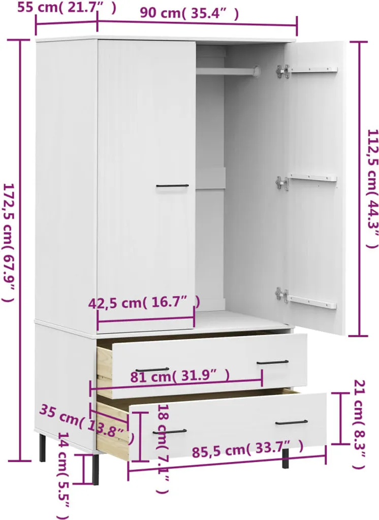 VidaXL Kleiderschrank OSLO Metallbeine Weiß 90x55x172,5 Cm Massivholz – Bild 8
