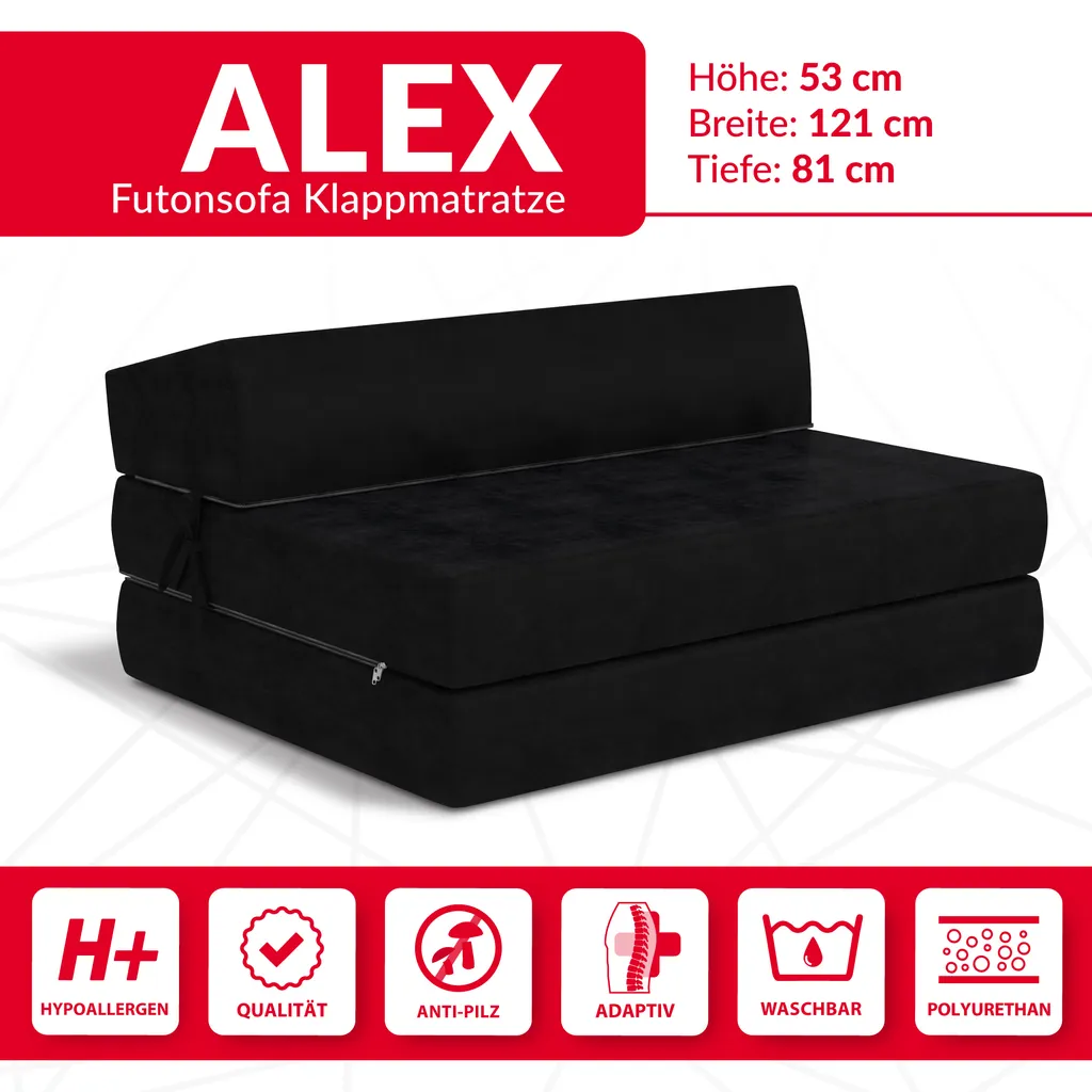Klappmatratze 120x200 Cm Futonsofa Kaltschaum Polyurethan Höhe Ca. 14 Cm Microfibre Schwarz