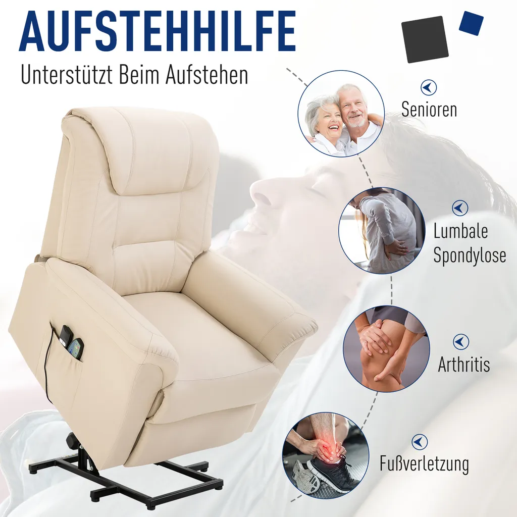 HOMCOM Elektrischer Massage-Liegestuhl Mit Vibrierendemassage Heizfunktion Aufstehhilfe Elektrorollstuhl Fernbedienung Mit Netzkabel Kunstleder Cremeweiß 93 X 95 X 106 Cm – Bild 5
